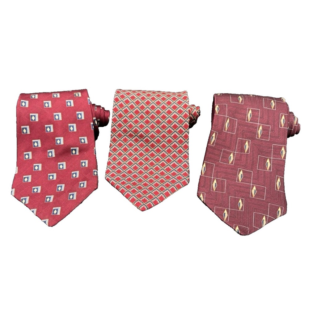 Lot 3 Bill Blass Tie's NEO Mens 100% Silk Red Burgundy Multicolor Geometric